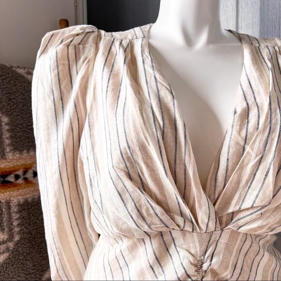 Ronny Kobo Joslyn Beige Striped Linen Blend Ruched Mini Dress Women’s Size XL - Picture 4 of 12